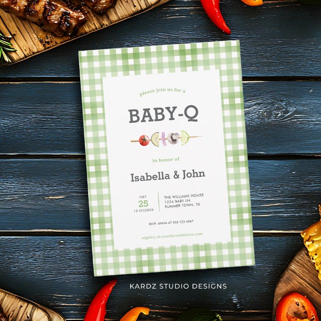 Baby Q Barbecue Baby Shower Invitation (This couples baby shower invitation with Baby Q theme is perfect for a summer shower celebration.)