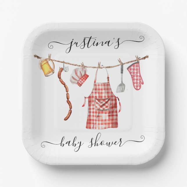 Baby-Q barbecue Clothesline Baby Shower Paper Plates (Front)