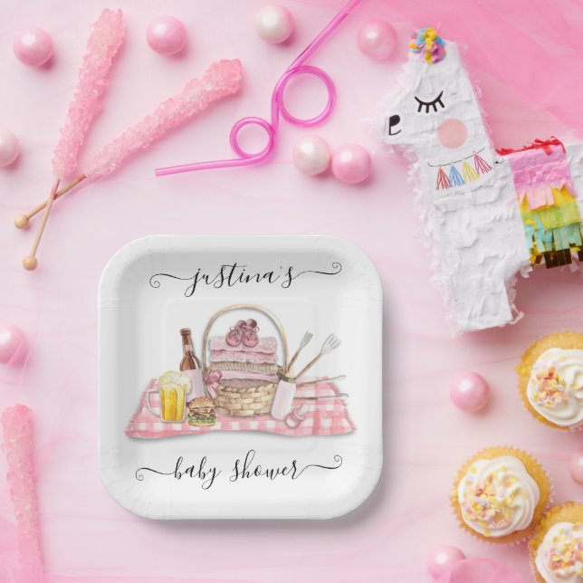 Baby Q Barbecue Shower Pink Picnic Baby Shower Paper Plates (Party)