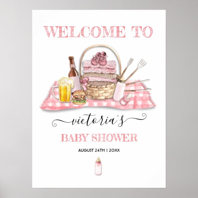 Baby Q Barbecue Shower Pink Picnic Welcome Sign (Front)