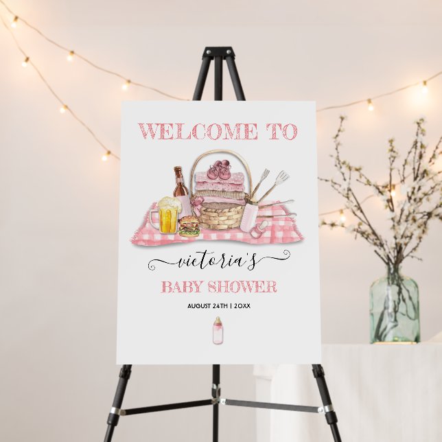 Baby Q Barbecue Shower Pink Picnic Welcome Sign (In Situ (Stand))