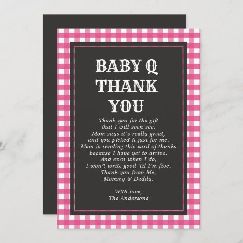 Baby Q Barbeque Rustic Country Baby Shower Pink Thank You Card