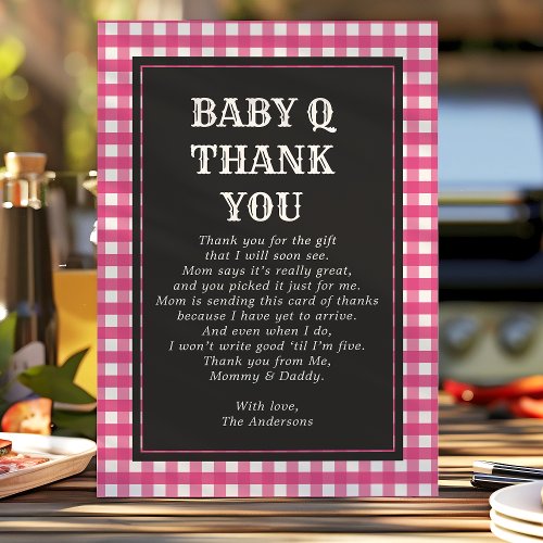 Baby Q Barbeque Rustic Country Baby Shower Pink Thank You Card