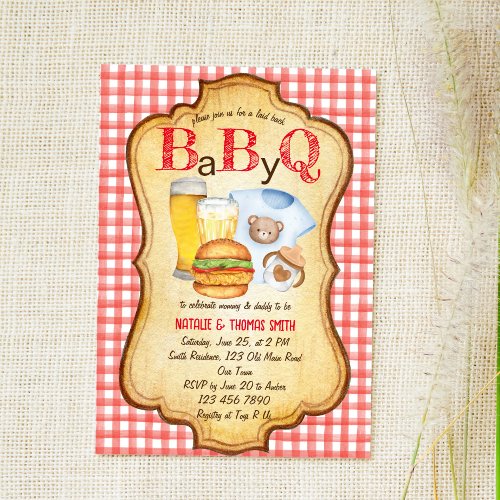 Baby Q BBQ barbecue red check baby shower Invitation