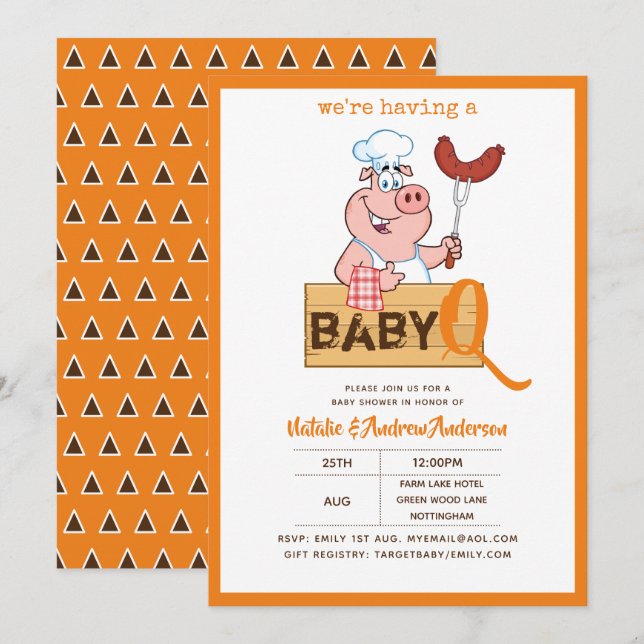 Baby-Q BBQ Cute Pig Chef Modern Boy Girl Invitation (Front/Back)