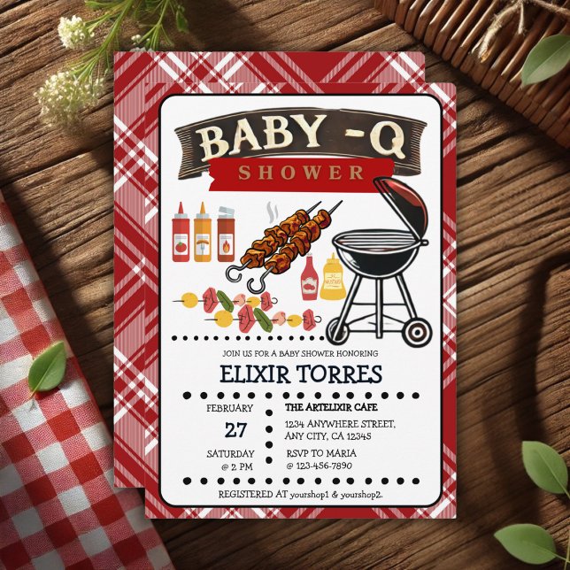 Baby-Q Checkered Red & Black Grill Baby Shower Invitation (Creator Uploaded)