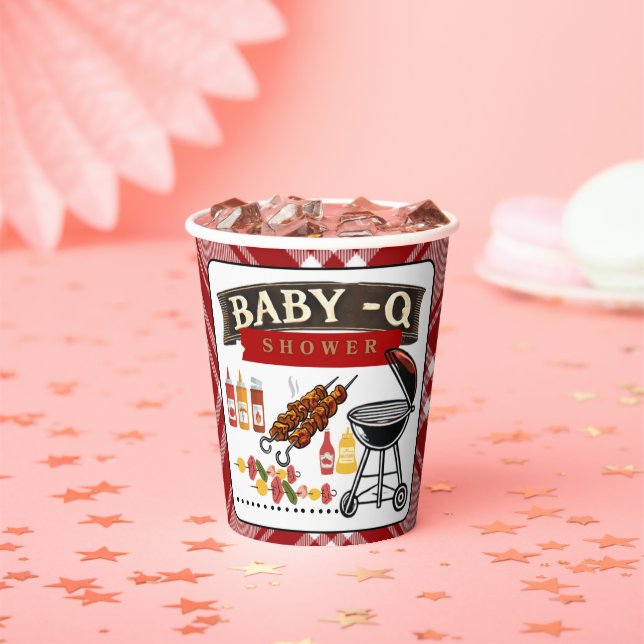 Baby-Q Checkered Red & Black Grill Baby Shower Paper Cups (Insitu)