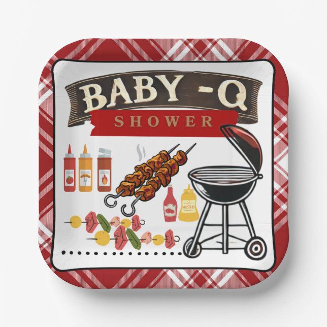 Baby-Q Checkered Red & Black Grill Baby Shower Paper Plates (Front)