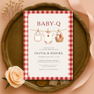 Baby Q Clothesline Red Gingham Baby Shower Invitation
