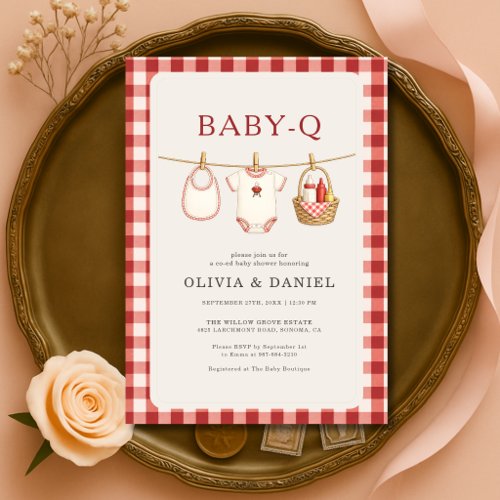 Baby Q Clothesline Red Gingham Baby Shower Invitation