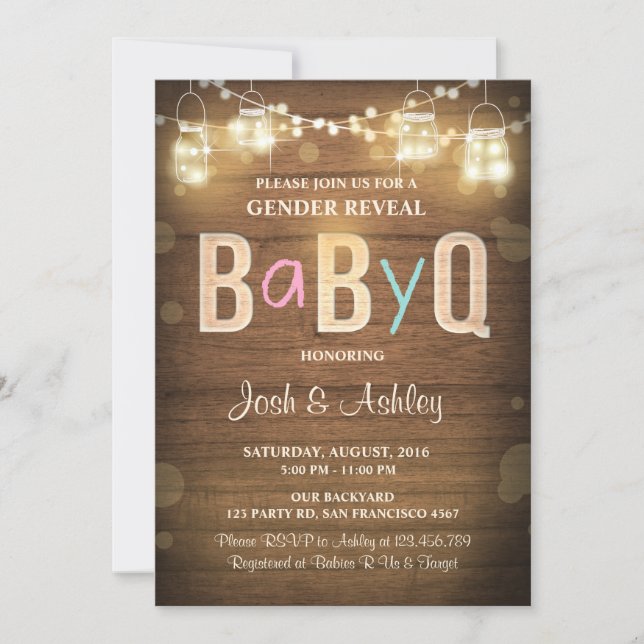 Baby Q gender reveal BBQ Baby Shower Rustic Wood Invitation (Front)