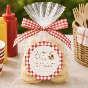 Baby-Q Gingham Red Co-ed Baby Shower Favor Classic Round Sticker