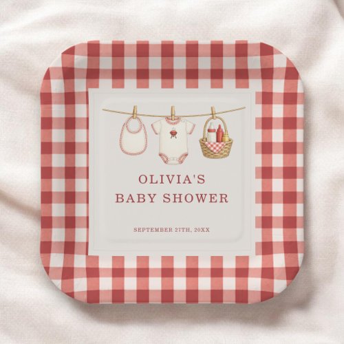 Baby-Q Gingham Red Co-ed Baby Shower Party Paper Plates