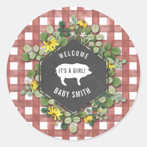 Baby q Gingham Wildflower Pig Girl Baby Shower Classic Round Sticker