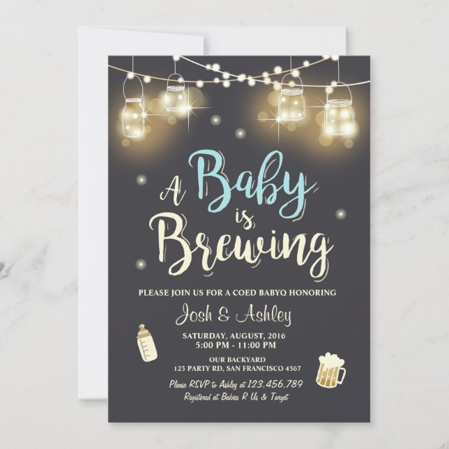 Baby Q invitation Coed BBQ Baby brewing Boy blue (Front)
