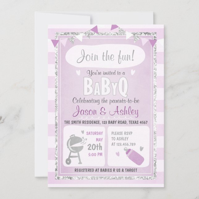 Baby Q invitation Coed BBQ Baby Shower Purple (Front)