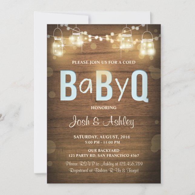 Baby Q invitation Coed BBQ Baby Shower Rustic Blue (Front)