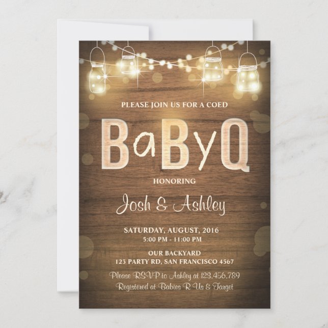 Baby Q invitation Coed BBQ Baby Shower Rustic Wood (Front)