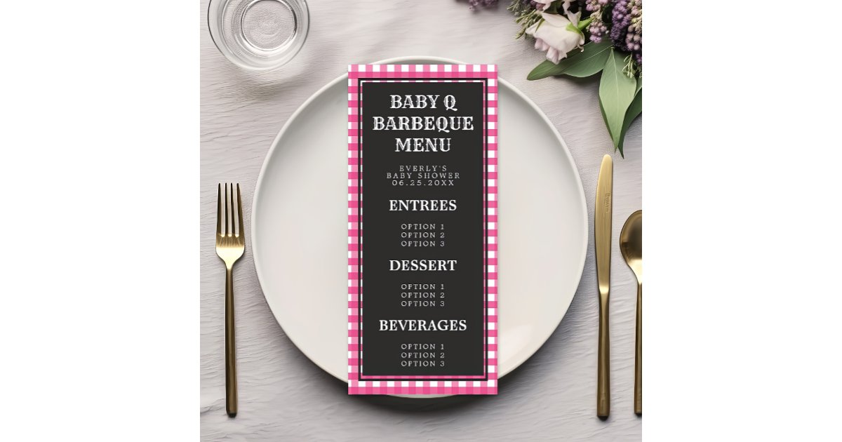 Baby Q Pink Gingham Plaid Baby Shower Menu | Zazzle