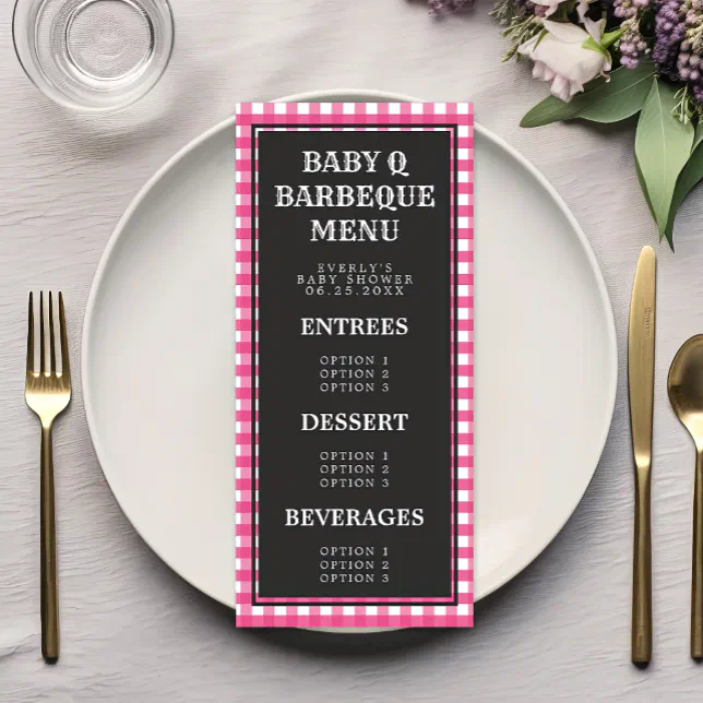 Baby Q Pink Gingham Plaid Baby Shower Menu | Zazzle