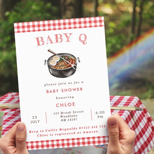 Baby Q Red Barbeque Gingham Baby Shower Invitation