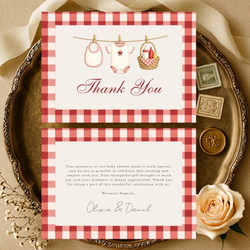Baby-Q Red Gingham Co-Ed Baby Shower Thank You Card