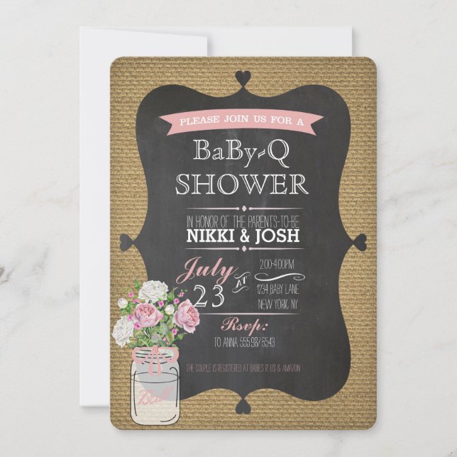 BaBy-Q Shower Burlap Mason Jar Chalkboard Invite (Front)