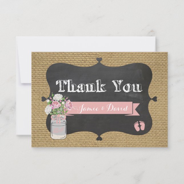 BaBy-Q Shower Burlap Mason Jar Thank You Card (Front)