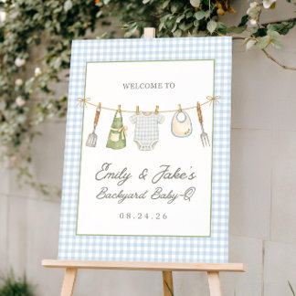 Baby-Q Shower Welcome Sign, Blue Gingham Backyard Foam Board