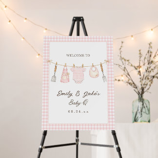 Baby-Q Shower Welcome Sign, Pink Gingham Backyard Foam Board