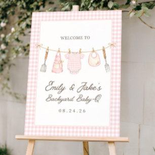 Baby-Q Shower Welcome Sign, Pink Gingham Backyard  Foam Board