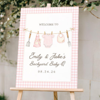 Baby-Q Shower Welcome Sign, Pink Gingham Backyard Foam Board