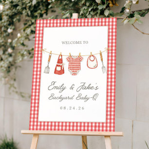 Baby-Q Shower Welcome Sign, Red Gingham Backyard Foam Board