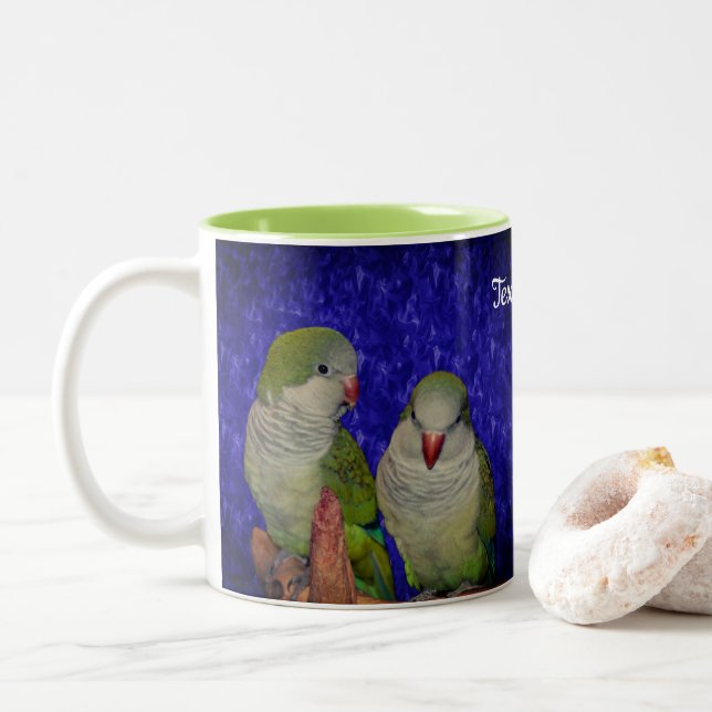 Baby Quaker Parrots Personalized Two-Tone Coffee Mug (With Donut)