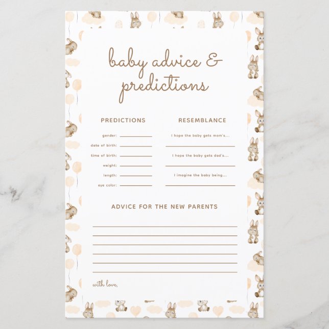 Baby Rabbit Baby Shower Predictions & Advice Card (Front)