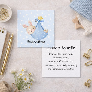 Baby Rabbit Blue Cloth Babysitter  Square Business Card