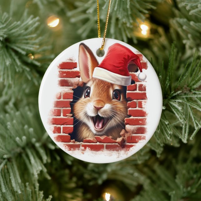 Baby Rabbit in Santa Hat - 3D Ceramic Ornament (Tree)