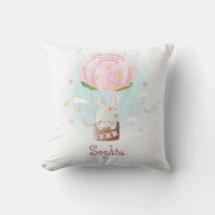 Baby rabbit in the Hot Air Balloon Nursery Throw Pillow