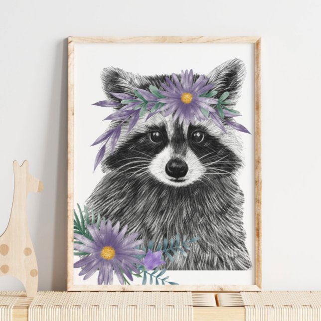 Baby Raccoon Floral Nursery Print | Raccoon Print (Baby Raccoon Floral Nursery Print | Raccoon Print by TinkPrints)