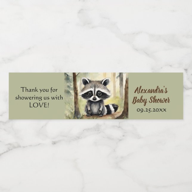 Baby Raccoon Gender Neutral Baby Shower Water Bottle Label (Single Label)
