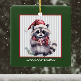 Baby Raccoon Holding Gift Child's First Christmas