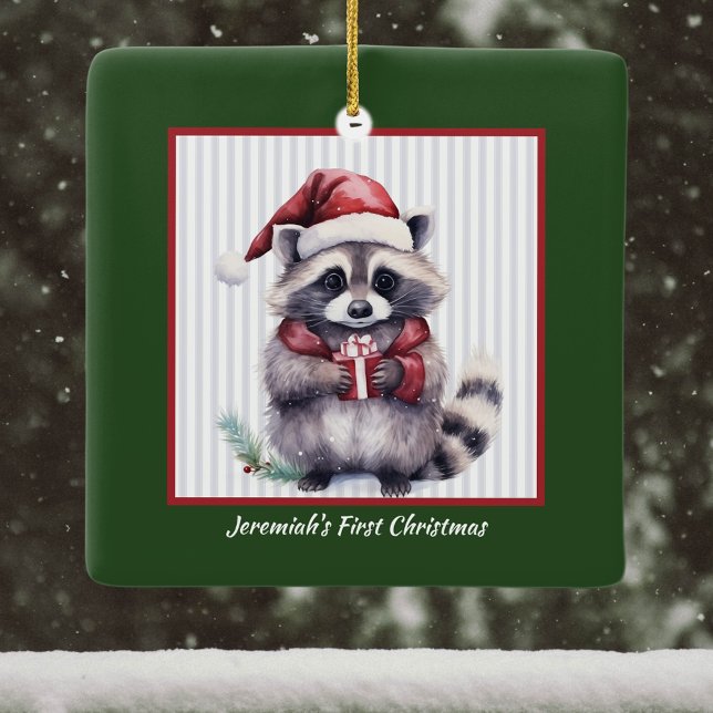 Baby Raccoon Holding Gift Child's First Christmas Ceramic Ornament (Creator Uploaded)