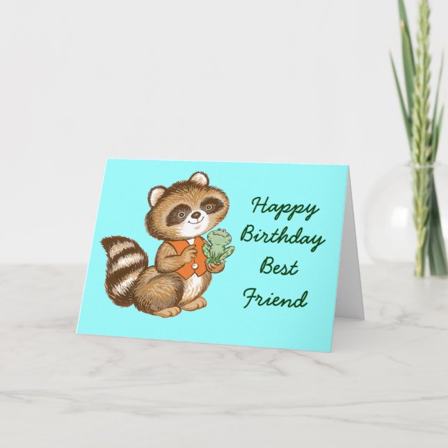 Baby Raccoon in Orange Vest with Best Friend Frog Card (Front)