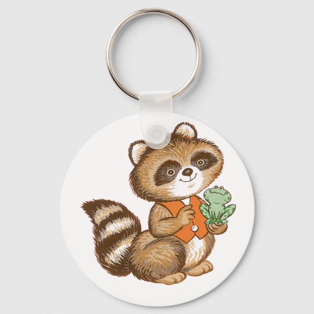 Baby Raccoon in Orange Vest with Best Friend Frog Keychain (Front)
