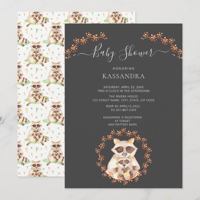 Baby Raccoon & Mother Floral Wreath Baby Shower    Invitation (Front/Back)
