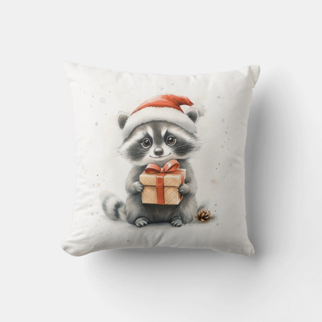 Baby Raccoon Sant Hat Christmas Winter Throw Pillow (Front)