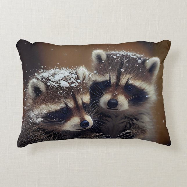 Baby Raccoons Huddle in Falling Snow Accent Pillow (Front)