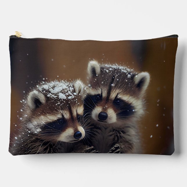 Baby Raccoons Huddle in Falling Snow Accessory Pouch (Front)