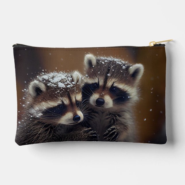 Baby Raccoons Huddle in Falling Snow Accessory Pouch (Back)