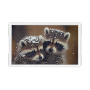 Baby Raccoons Huddle in Falling Snow Acrylic Tray